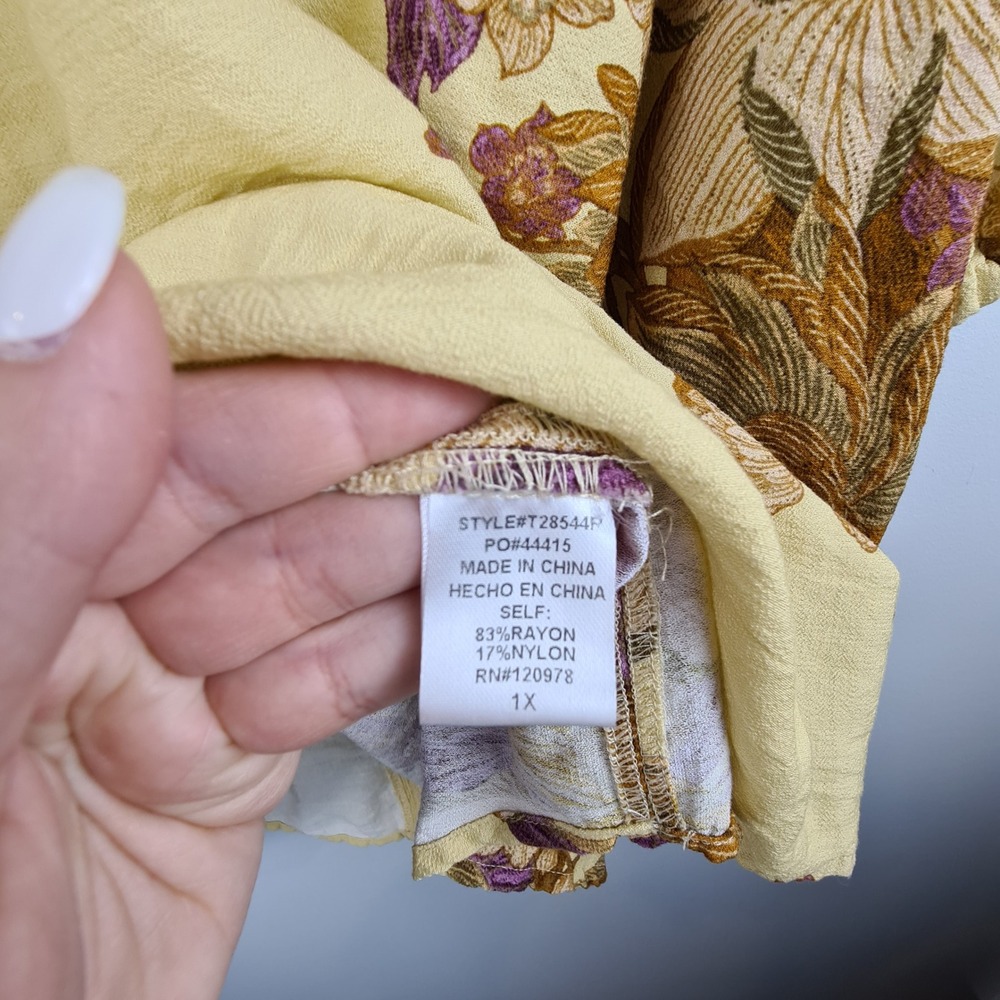 Entro Womens 1X Yellow Floral Boho Blouse Ruched Tie Sleeve Rayon Top Earthy Art - Picture 5 of 11